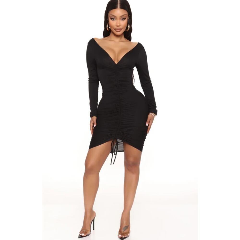Fashion Nova Women's Black Hong Kong Ruched V-Neck Long Sleeve Dress 2X‎ NWT